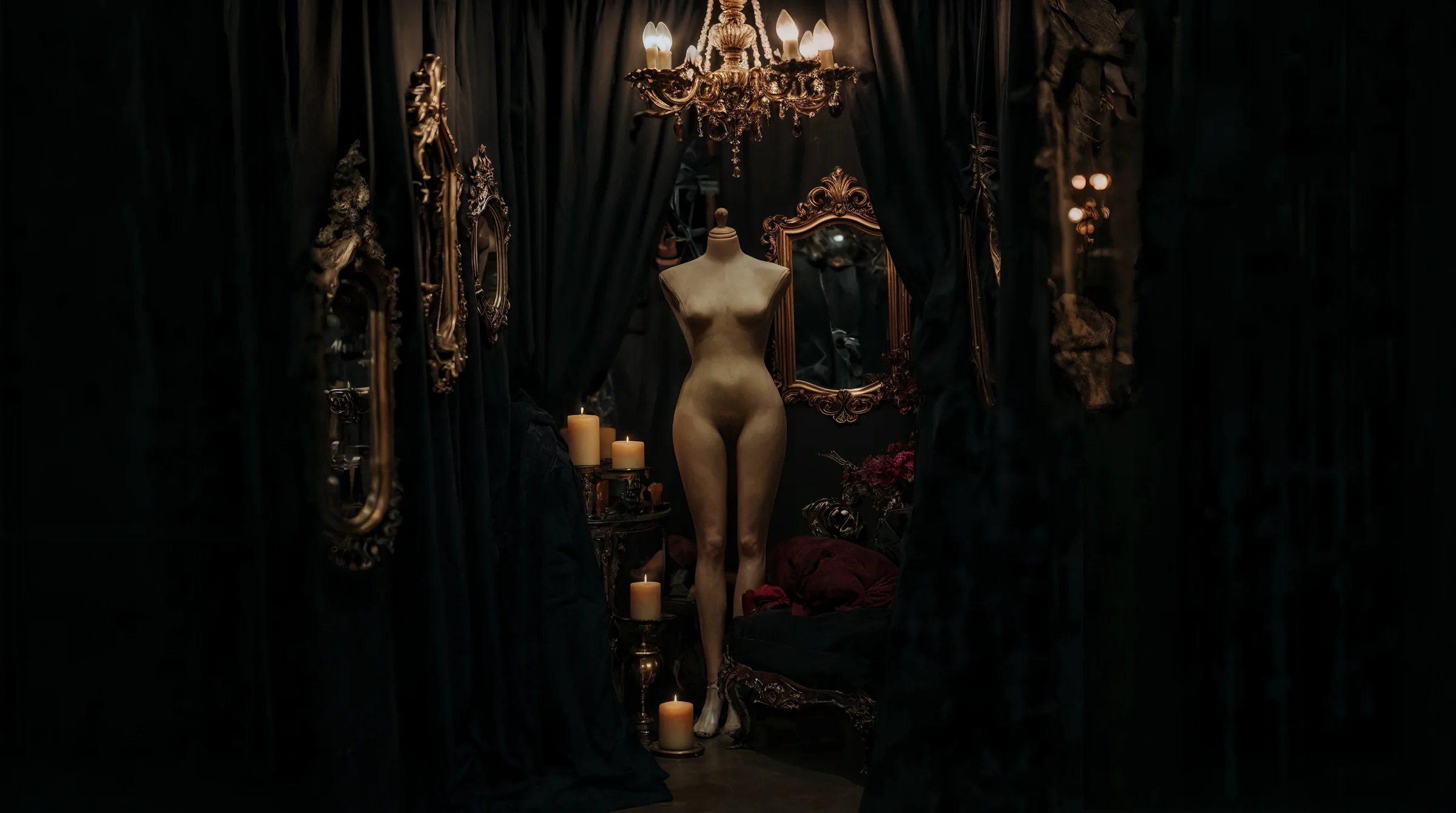 A mannequin beneath a chandelier among candles, gilded mirrors and velvet curtains