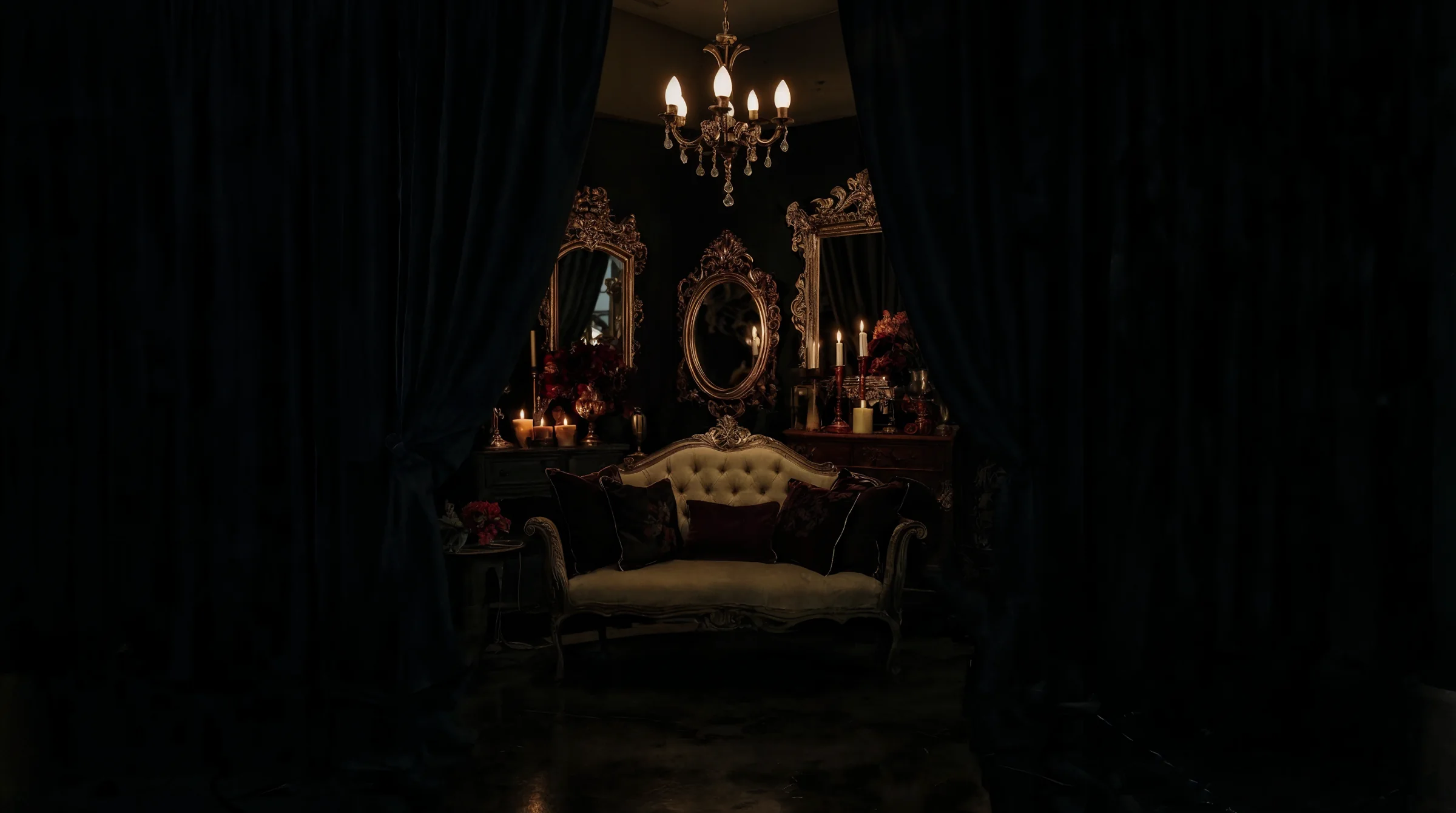 A candlelit velvet sofa framed by ornate mirrors and heavy curtains