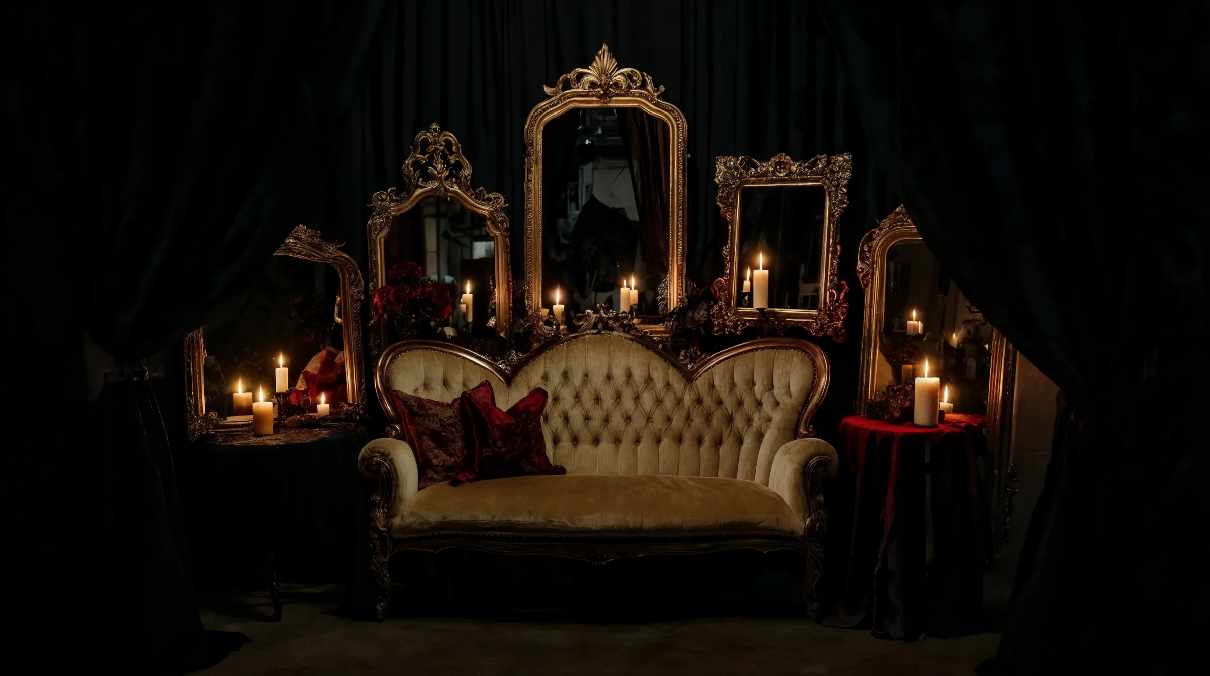 A tufted velvet sofa before a wall of gilded mirrors and lit candles