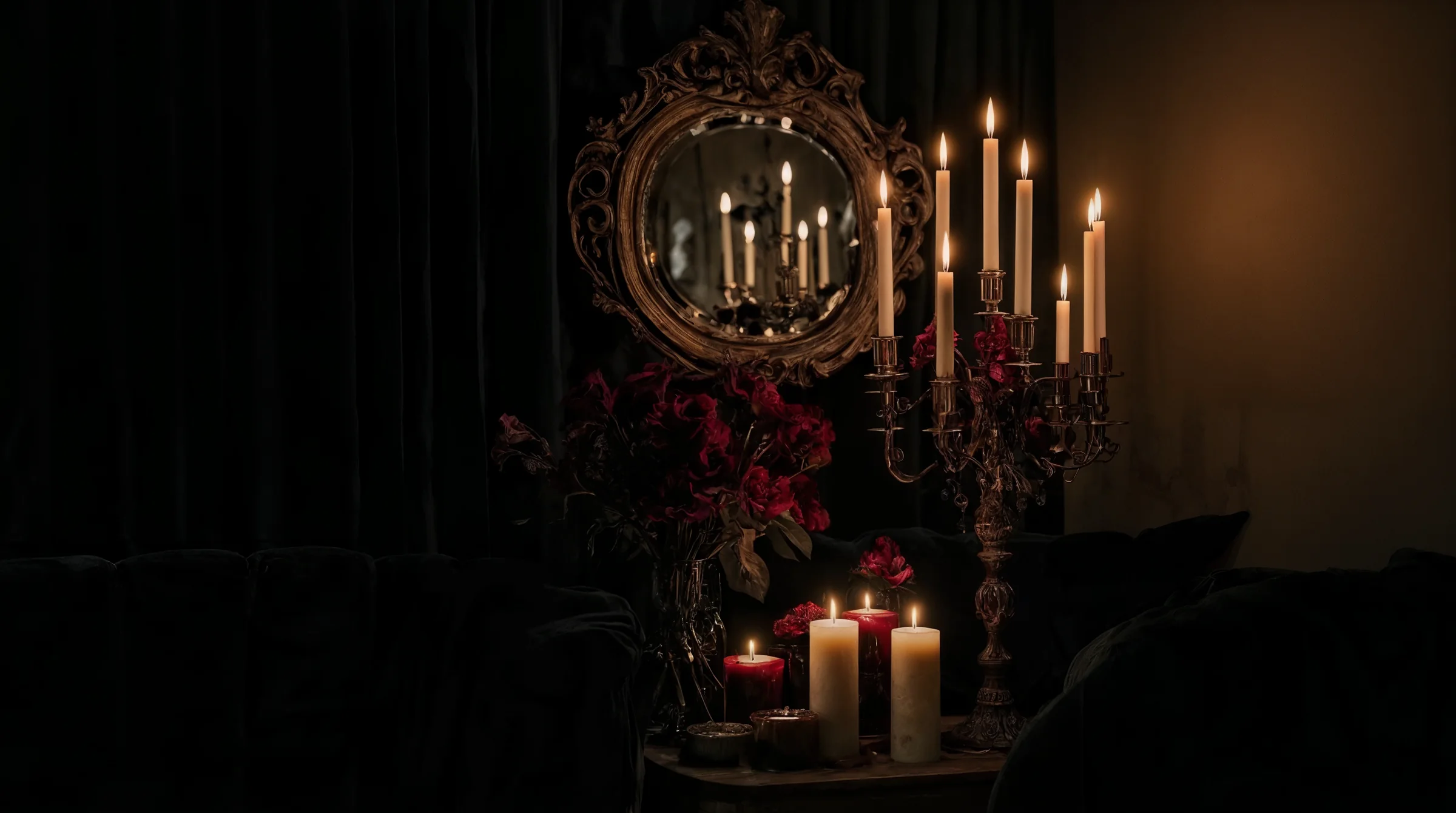 An ornate round mirror, a candelabra and red roses glowing in a dark velvet-draped room